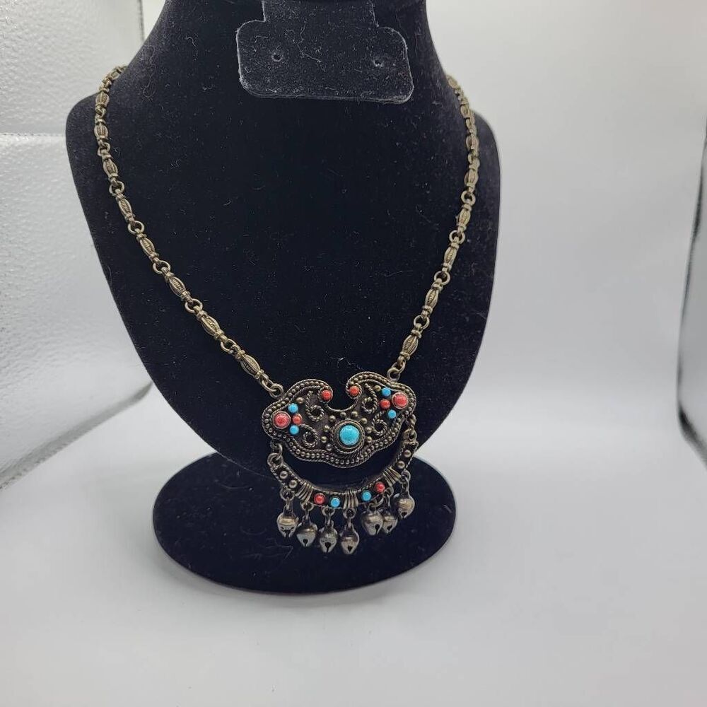 Beautiful Bohemian Southwestern Style Turquoise & Coral Bell Necklace